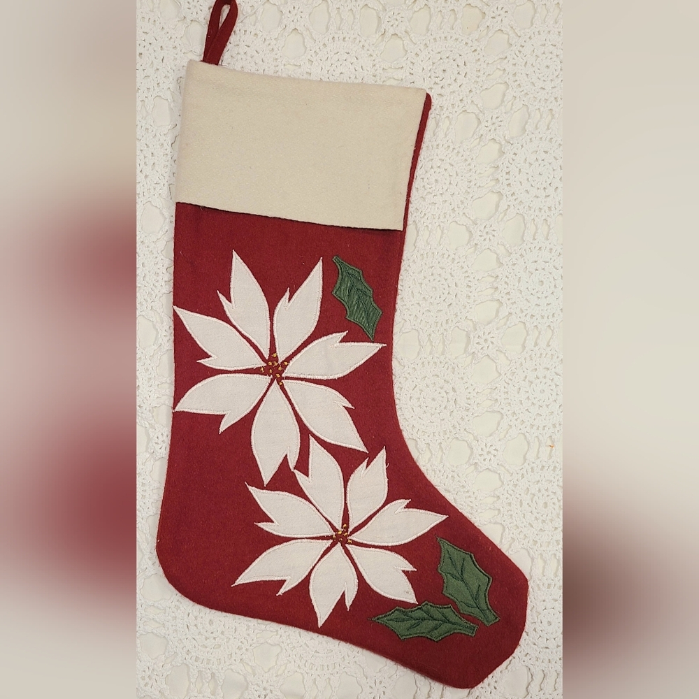 Sugar Plum Dreams Wool Felt Stocking Embroidery Poinsettias Vintage 17"